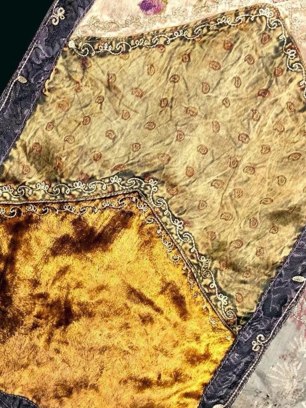Vintage Beige Velvet Embroidered Bohemian Fringe Fashion Scarf